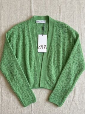 Zara Green Cotton Crochet Knit Cardigan Cropped Open Front Long Sleeve Small